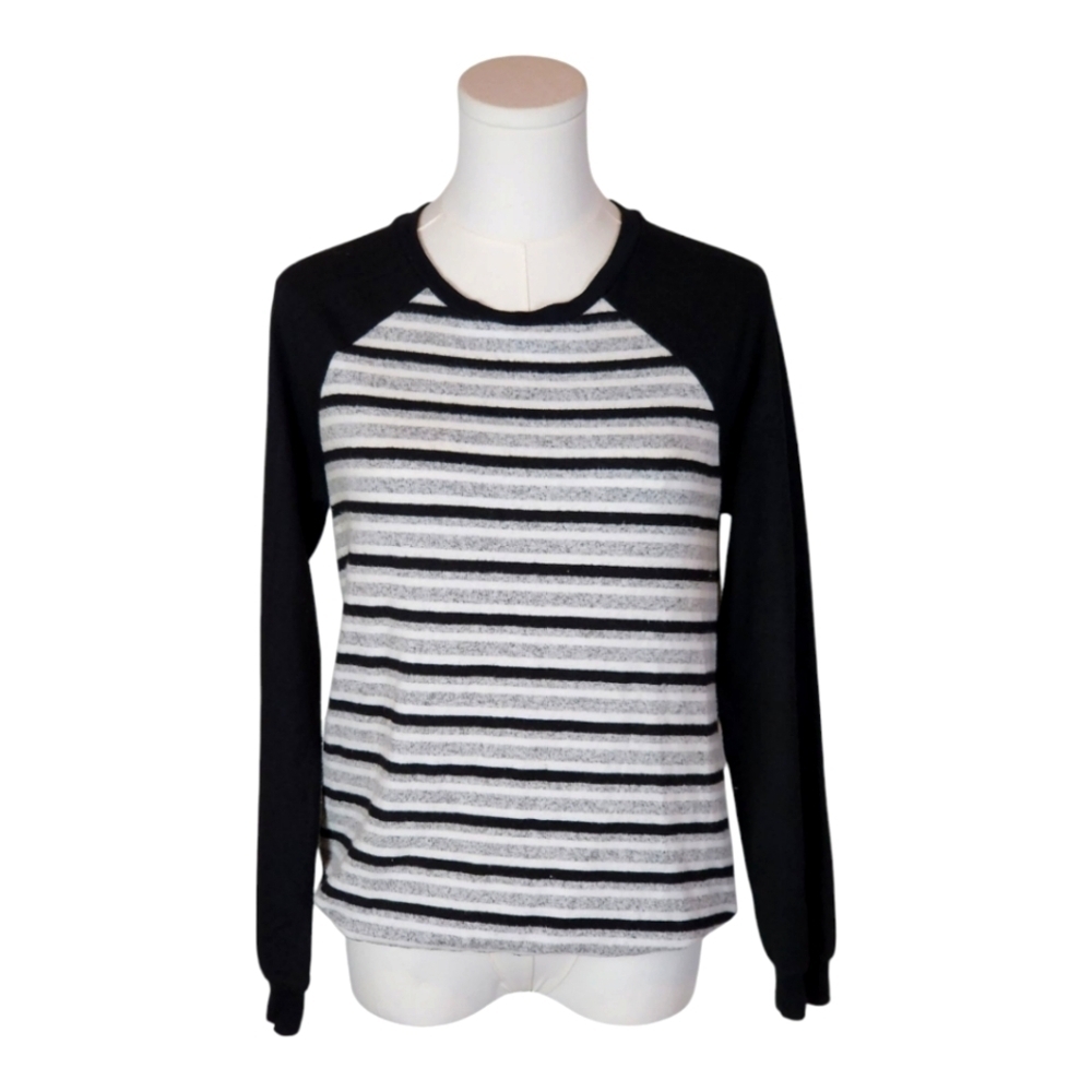 Liverpool Striped Long Sleeve Pullover Sweater Black Gray White Raglan Top XS